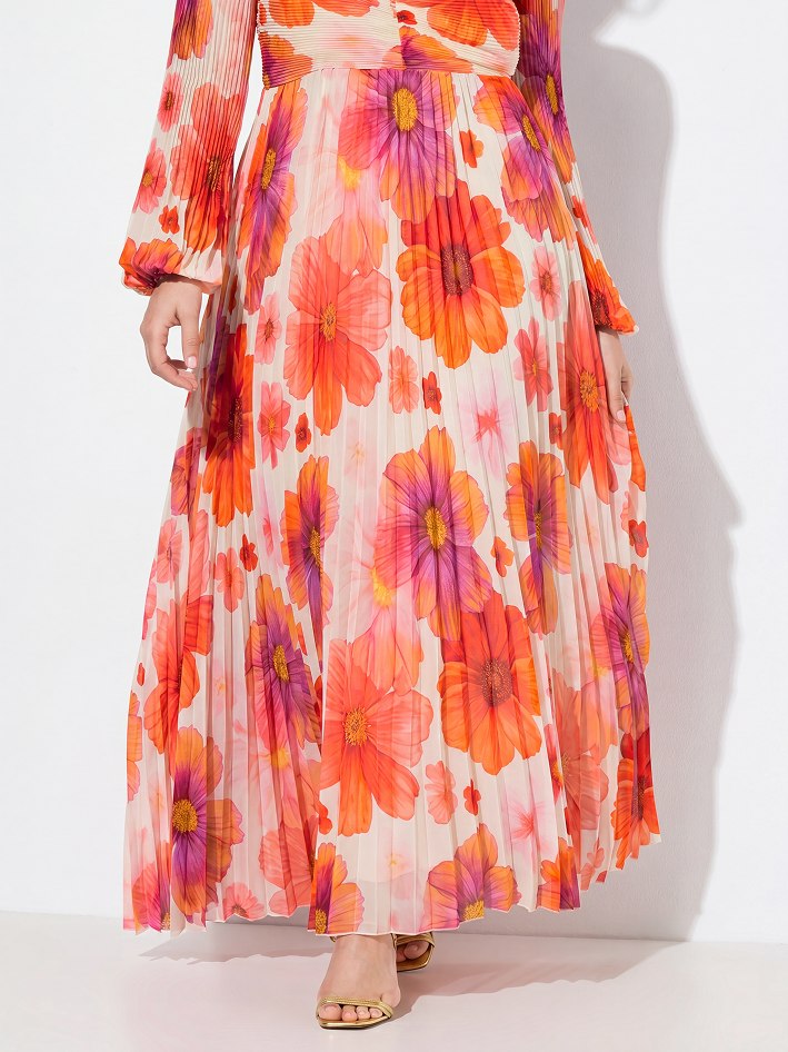 Maxi abito con fiori, scollo a cuore, maniche lunghe