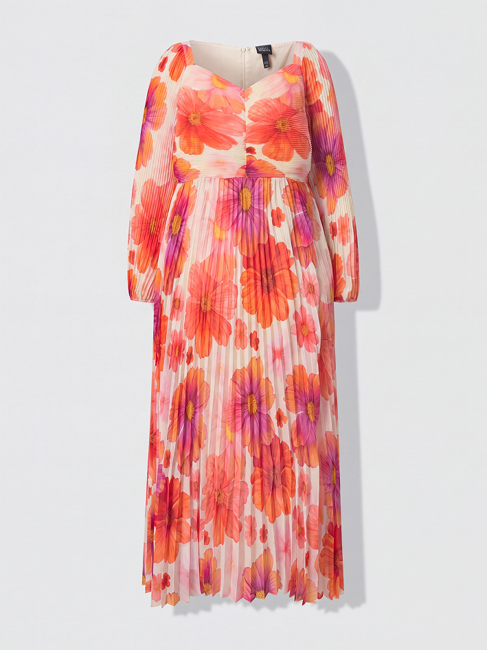 Maxi abito con fiori, scollo a cuore, maniche lunghe