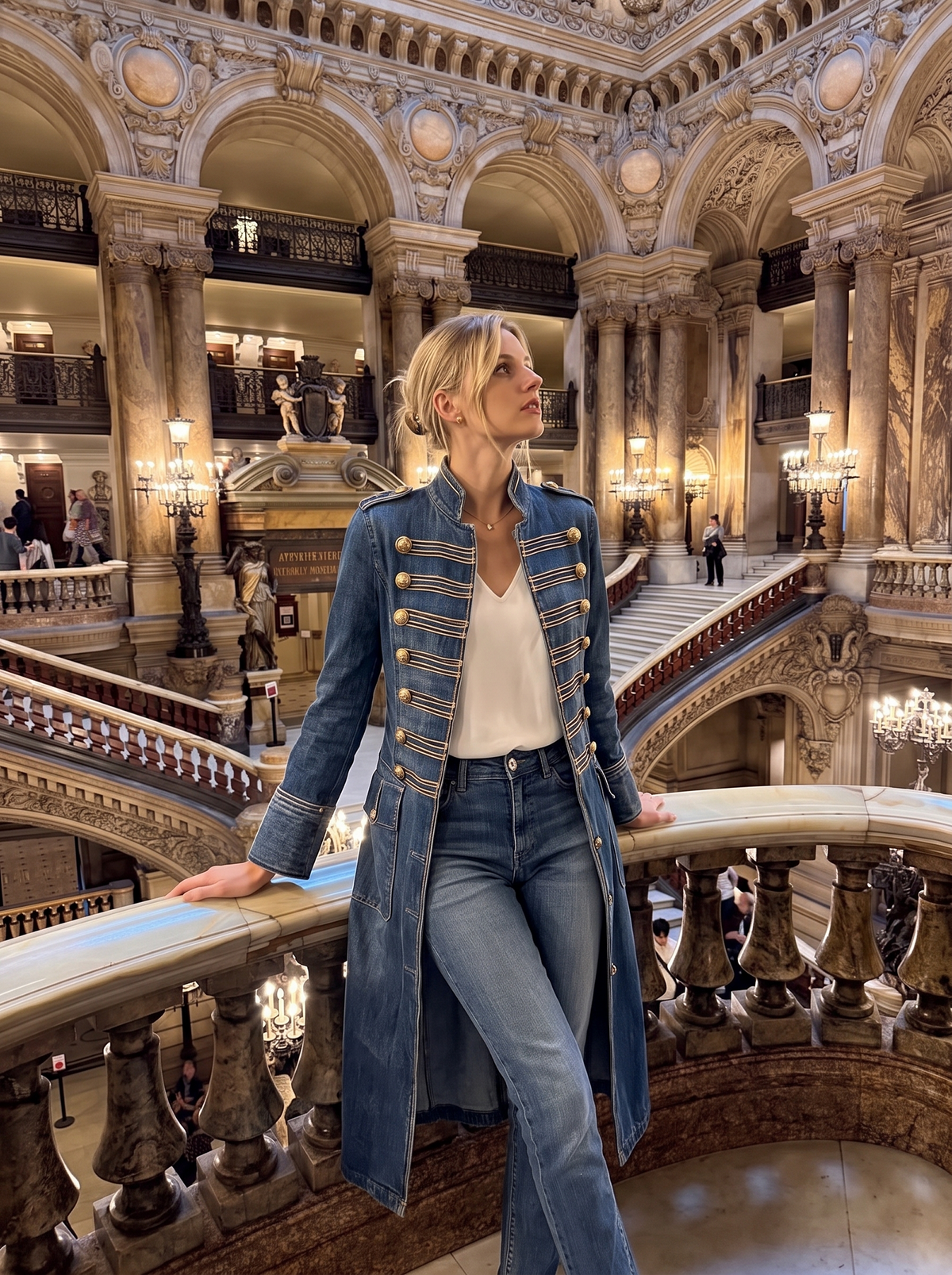 Cappotto lungo in denim dal taglio aderente in stile militare con bottoni dorati