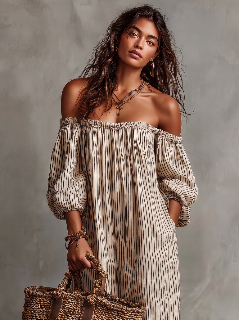 Carmen | Abito lungo in cotone e lino con design off-the-shoulder