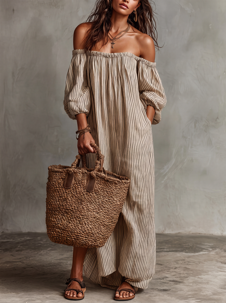 Carmen | Abito lungo in cotone e lino con design off-the-shoulder
