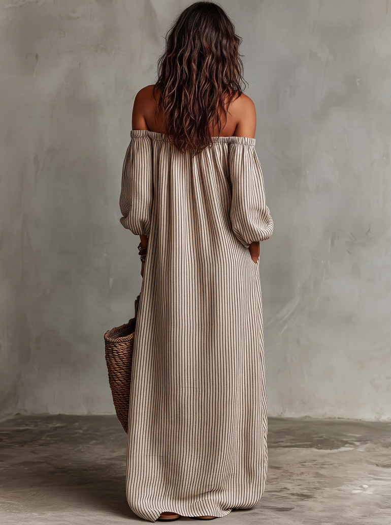 Carmen | Abito lungo in cotone e lino con design off-the-shoulder