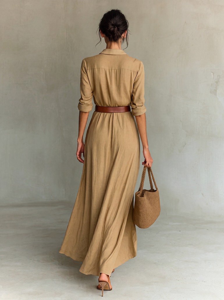 Camille™ | Maxi Abito con Rever e Cintura in Vita