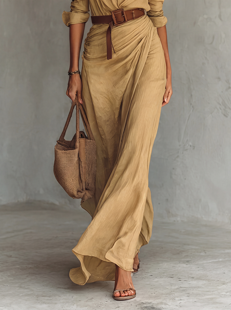 Camille™ | Maxi Abito con Rever e Cintura in Vita