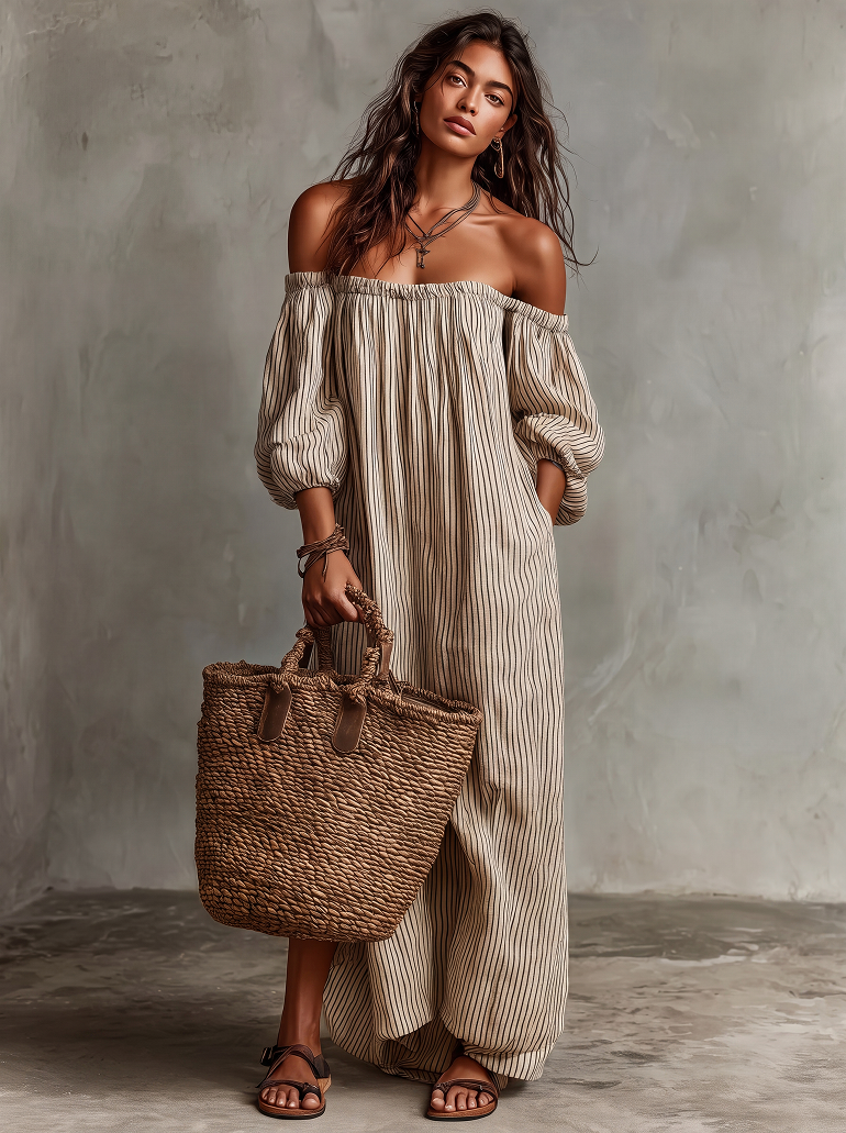 Carmen | Abito lungo in cotone e lino con design off-the-shoulder