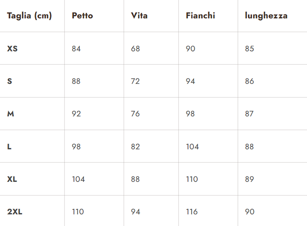 Tabla de tallas bettina