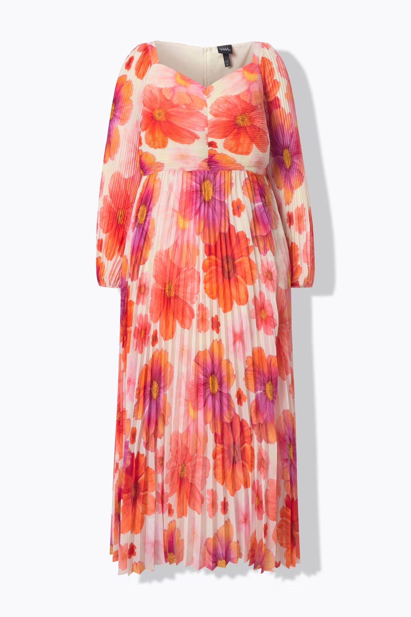 Maxi abito con fiori, scollo a cuore, maniche lunghe