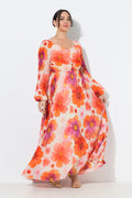 Maxi abito con fiori, scollo a cuore, maniche lunghe
