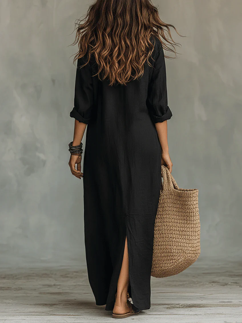 Soline™ | Abito Maxi Nero Lungo con Bottoni