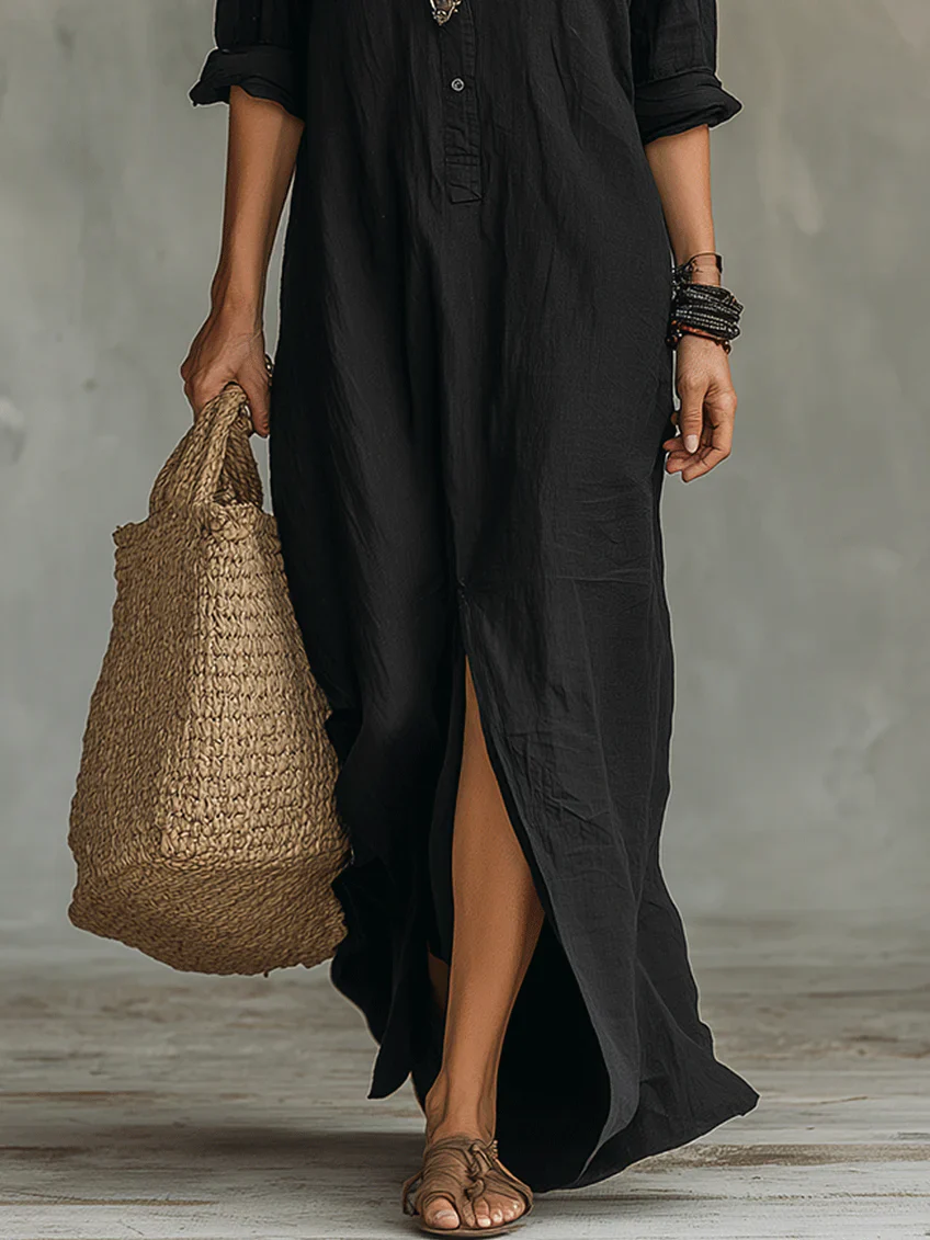 Soline™ | Abito Maxi Nero Lungo con Bottoni